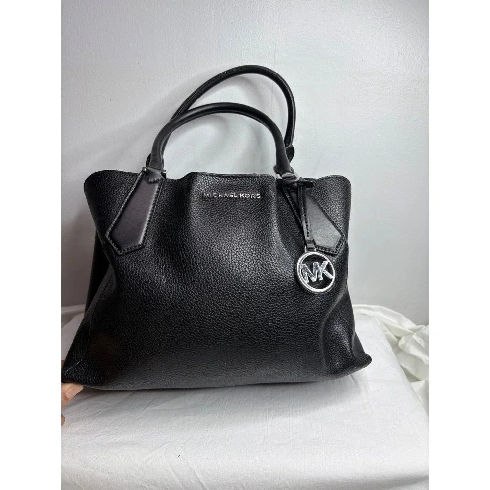 Michael Kors Black Pebbled Leather Tote Handbag Silver Hardware